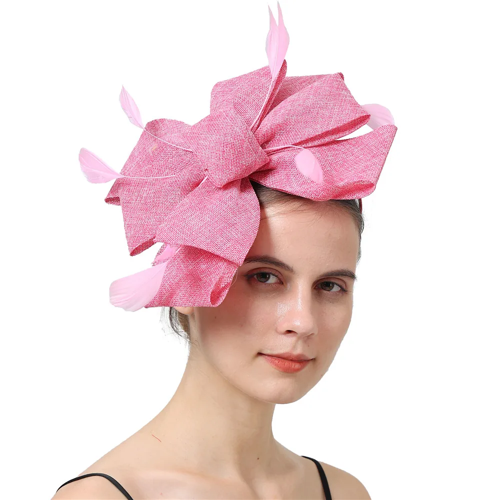 Nachahmung Sinamay Hochzeit Mesh Fascinator Für Damen Kopfbedeckung Party Frauen Braut Haar Zubehör Bogen Haar Clip Phantasie Feder – Detail 2
