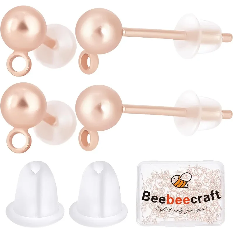 

100Pcs Ball Stud Earring Findings Stainless Steel Rose Gold Stud Post Earrings Components with Loop and 100Pcs Plastic Ear Nuts