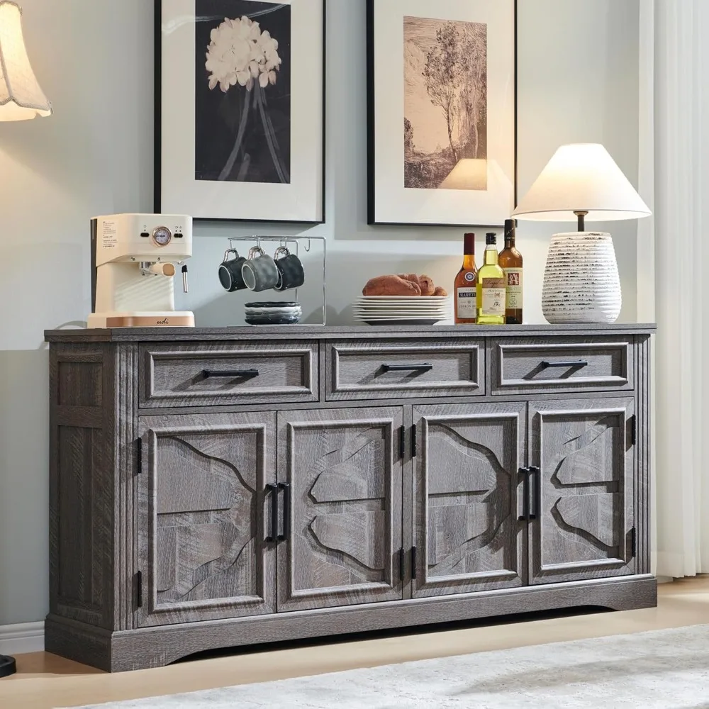 JXQTLINGMU 66" Large Buffet Sideboard Cabinet with 4 Doors and 3 Drawers, Buffet Table Coffee Bar Wine Bar Storage Cabinet