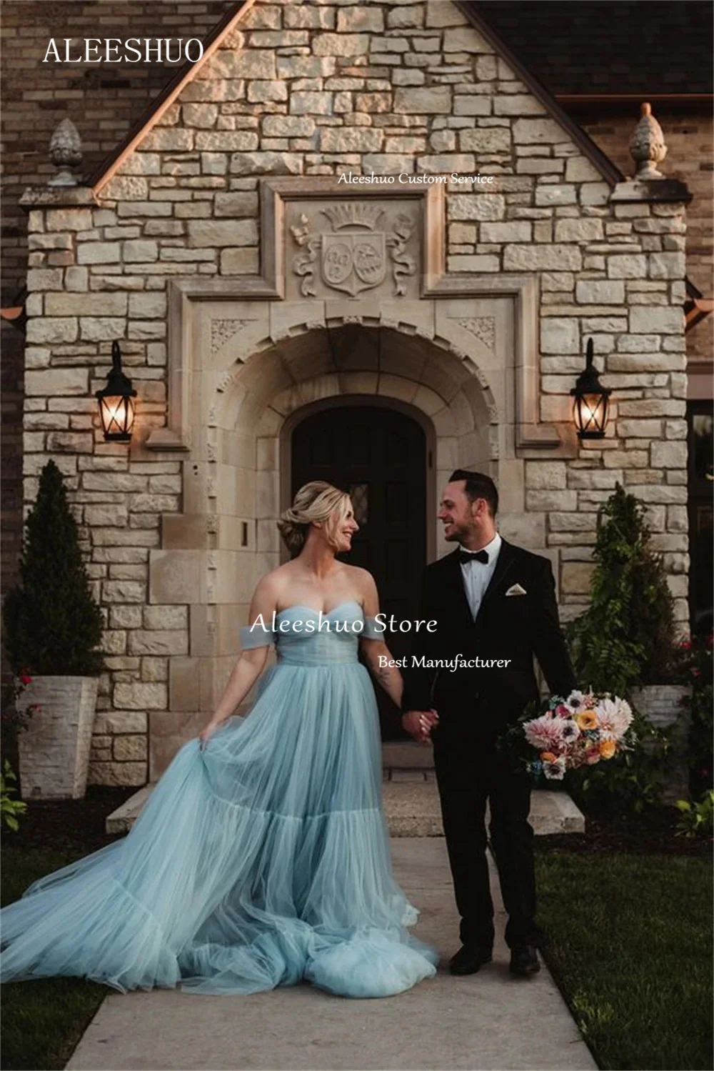 Aleeshuo gaun Prom Mist Blue Tulle gaun bahu terbuka elegan A-line ال️analog tanpa lengan ukuran besar gaun pengantin wanita