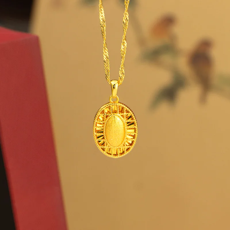 9999 gold hollow laser-cut geometric elliptical pendant, versatile collar chain