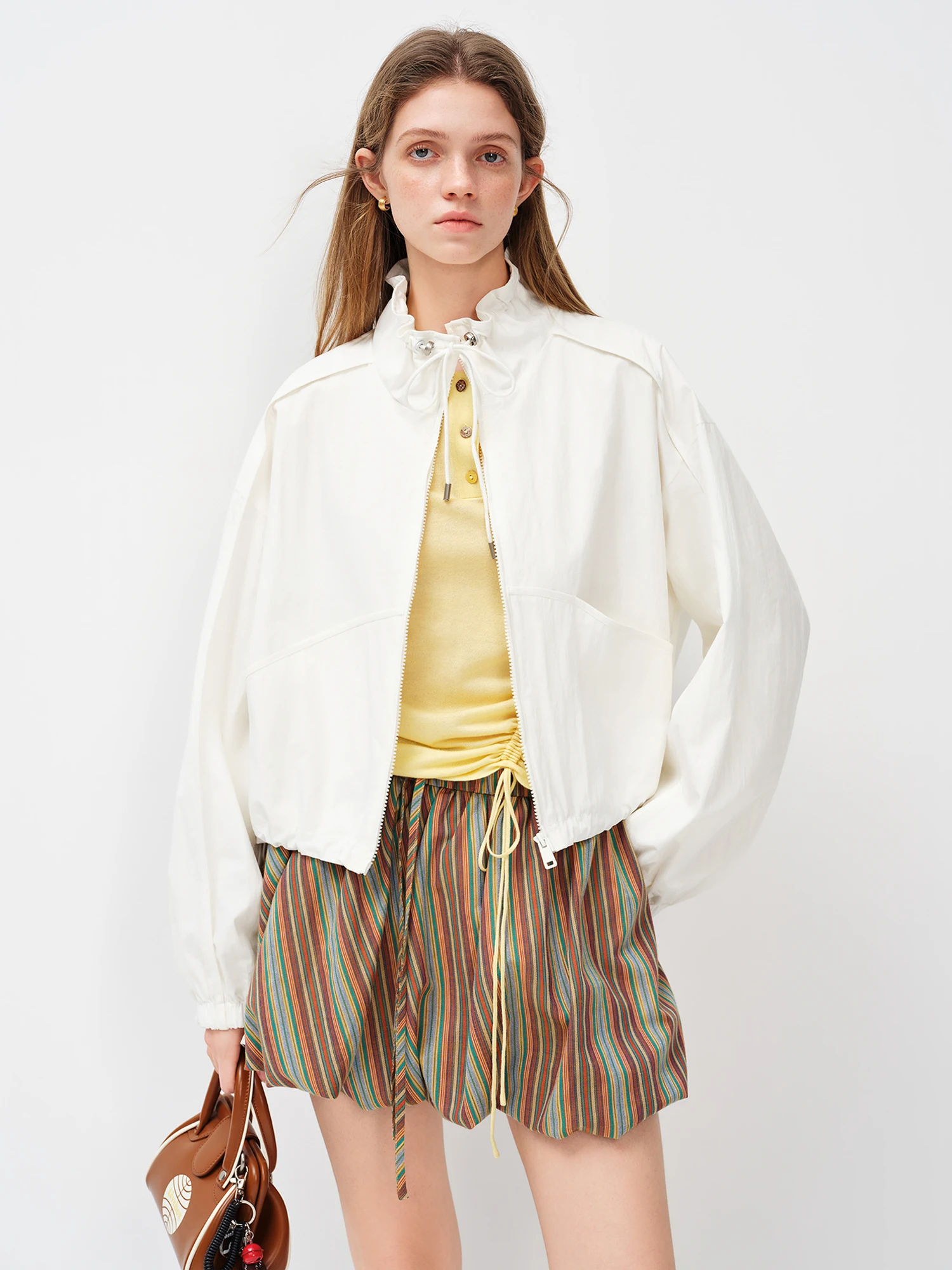 FSLE 2026 Spring Summer Women's Utility Stand Collar Short Jacket - Lightweight Linen Blend Casual Streetwear Cover-Up