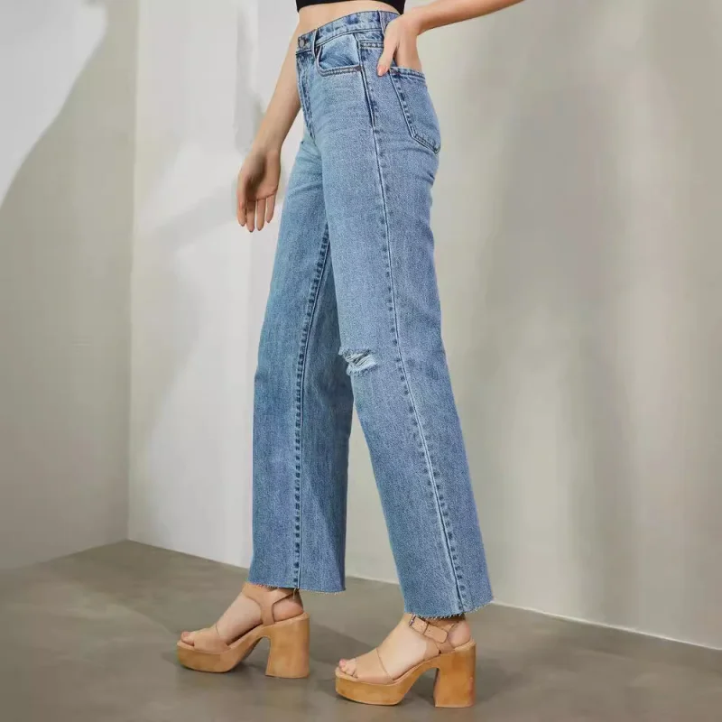 سراويل نسائية مستقيمة الساق على الطراز الأوروبي والأمريكي، سراويل متوترة جديدة أنيقة عالية الخصر، جينز ممزق عصري مغسول