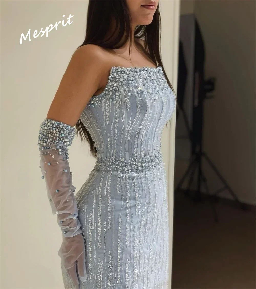 Vestidos de noite personalizados luz azul pérolas luxo dubai vestido de noite sereia elegante sem alças árabe feminino formal