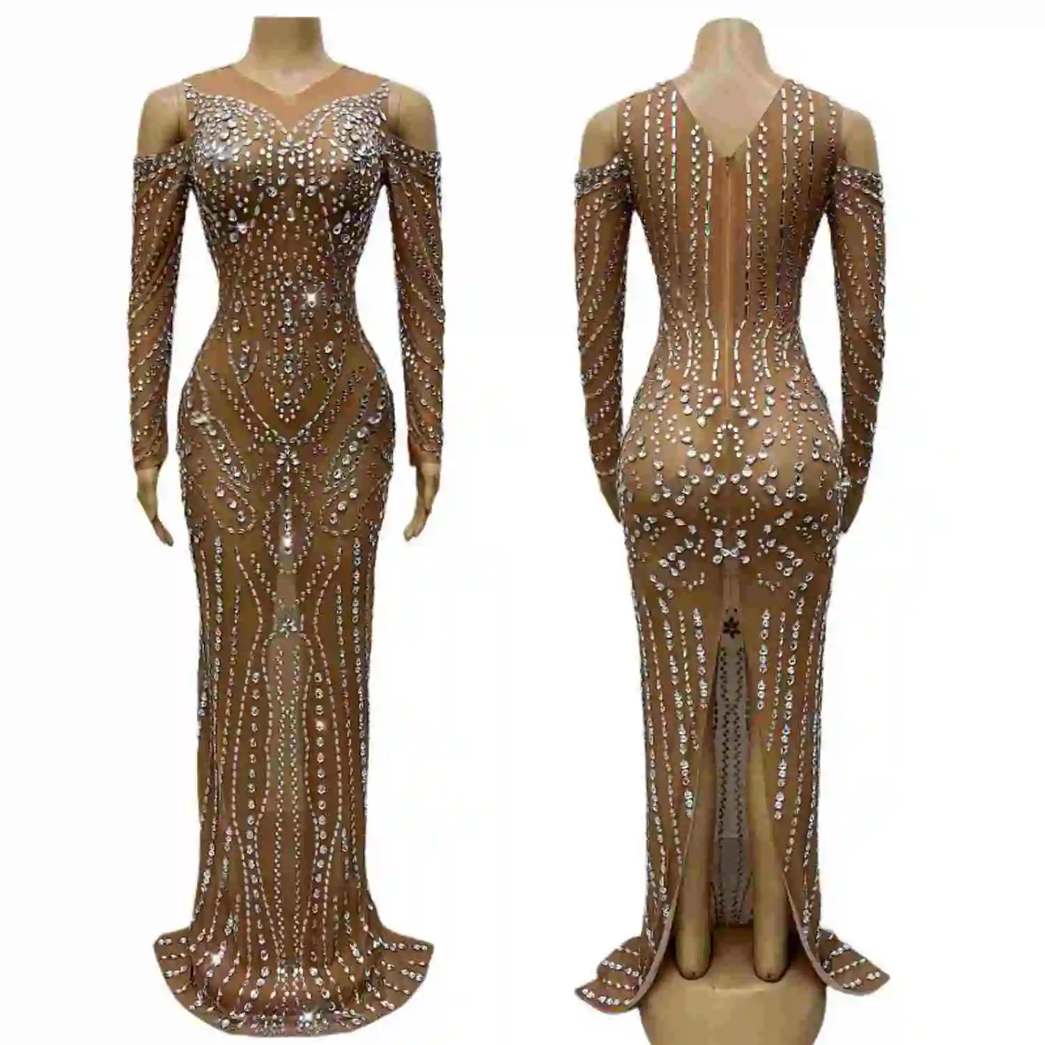 

High-end Sparkly Rhinestone Off shoulder Long Dress Birthday Celebrate Prom Women Brown Mesh Evening Dress Club Wear Lengxingqun