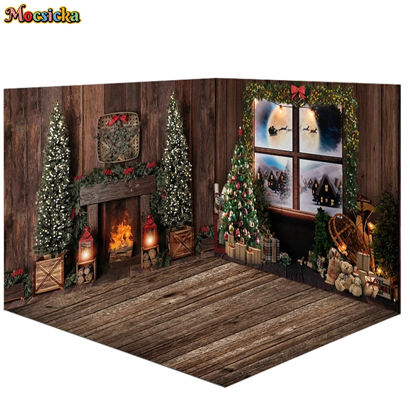 

Christmas windows photography backdrop winter snow background for photo studio Christmas tree toys gifts photo booth background