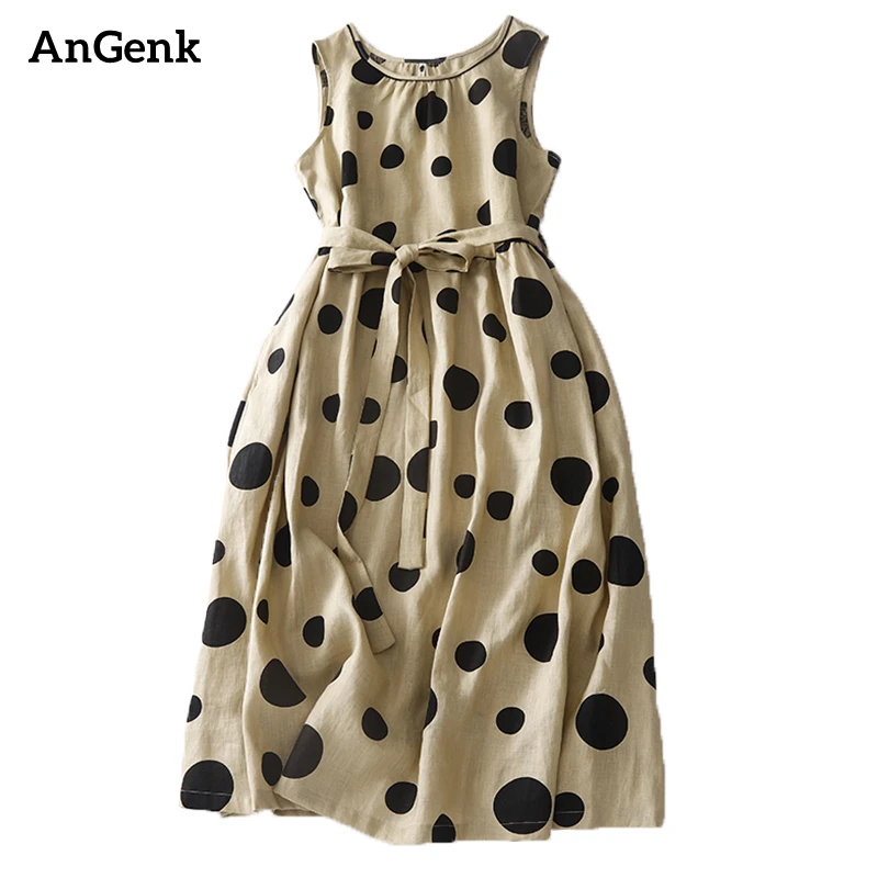 

2024 Summer Dress Korean Fashion New Arts Style Women Sleeveless Polka Dot Print All-Matched Casual Cotton Linen Tank Dresses