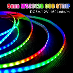 DC5V/12V WS2812B COB LED Strip 5mm WS2812 RGBIC Individually Addressable Flexible 160Leds/m High Density Dreamcolor Pixel Light