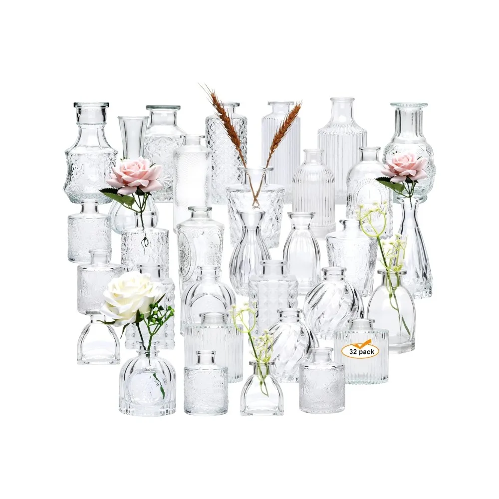 

Set of 32 Bud Vases for Flowers, Small Vintage Glass Bottles for Rustic Wedding Centerpieces and Home Decor