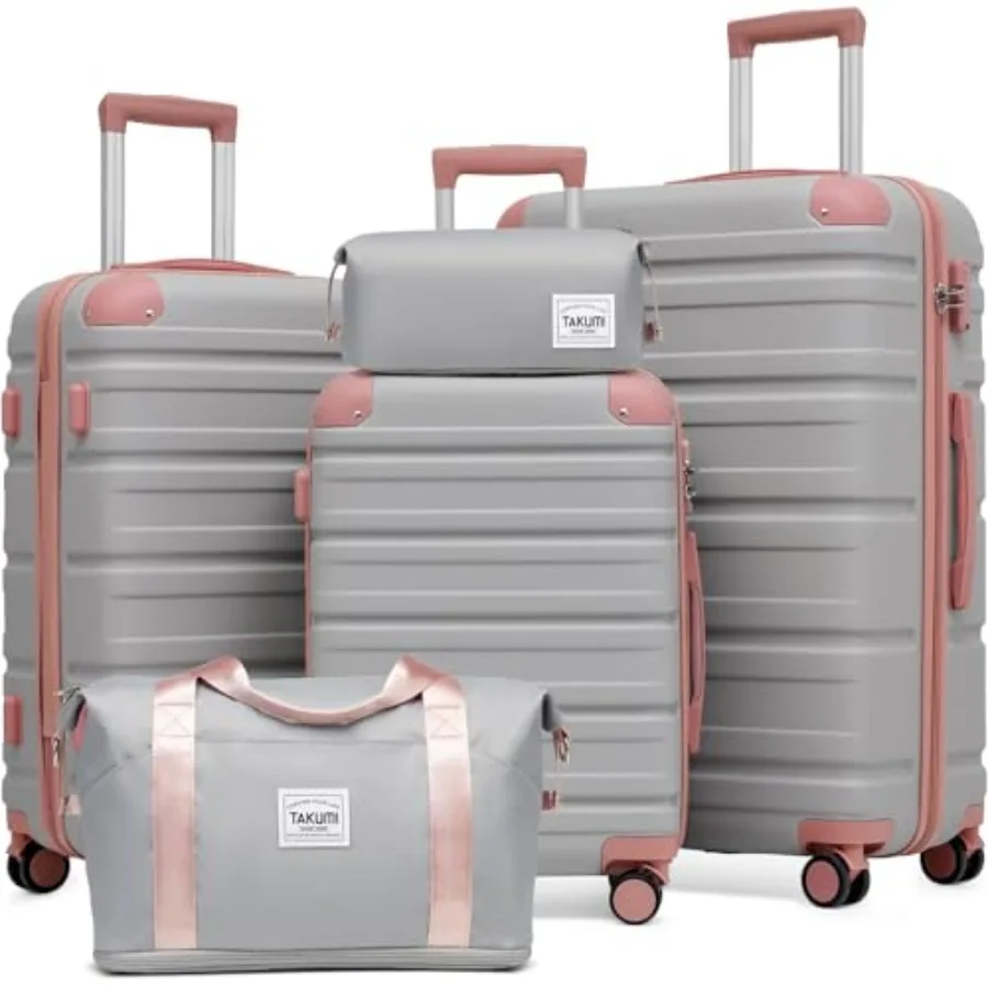 

TAKUMI 5 Piece Lightweight Carry On Luggage Set with Duffel Bag ABS+PC Hardshell Suitcases in Grey Pink with YKK Zippers Double