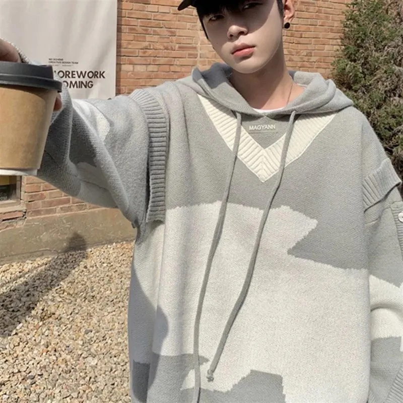 

Американский шикарный ленивый цветной блуз, вязаный свитер с капюшоном, осень-зима, модный дизайн, повседневная верхняя одежда, пальто