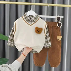 Western Baby Designer Boy Outfit Set 2023 Cartoon Vest + Plaid Shirts + Pants 3PCS Boys Infant Clothes Kids Bebes Jogging Suits