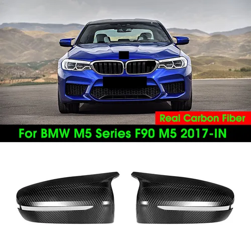 리얼 드라이 탄소 섬유 자동차 문짝 사이드 백미러 캡, BMW M5 시리즈 F90 2017-IN OEM 스타일 미러 커버 캡, 광택 1 쌍
