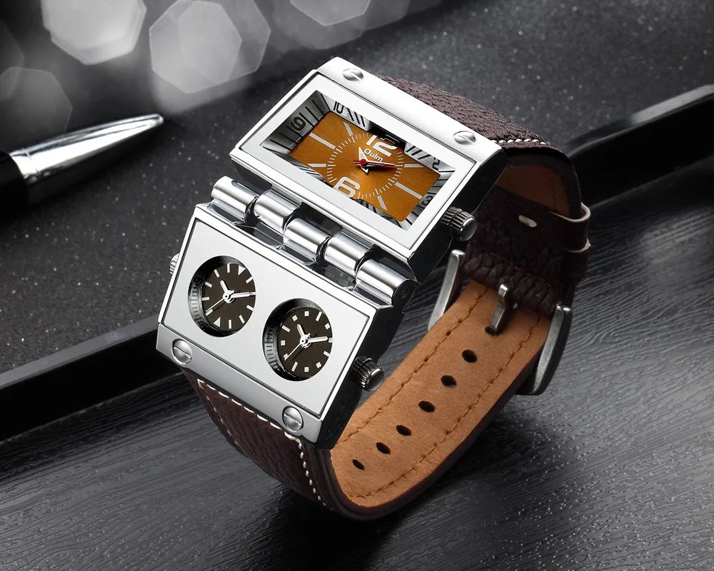 Cool Watch for Men Fashion Leather Strap Big Dial Multiple Time Zone Rectangle Quartz Wristwatches Male Clock Relogio Masculino