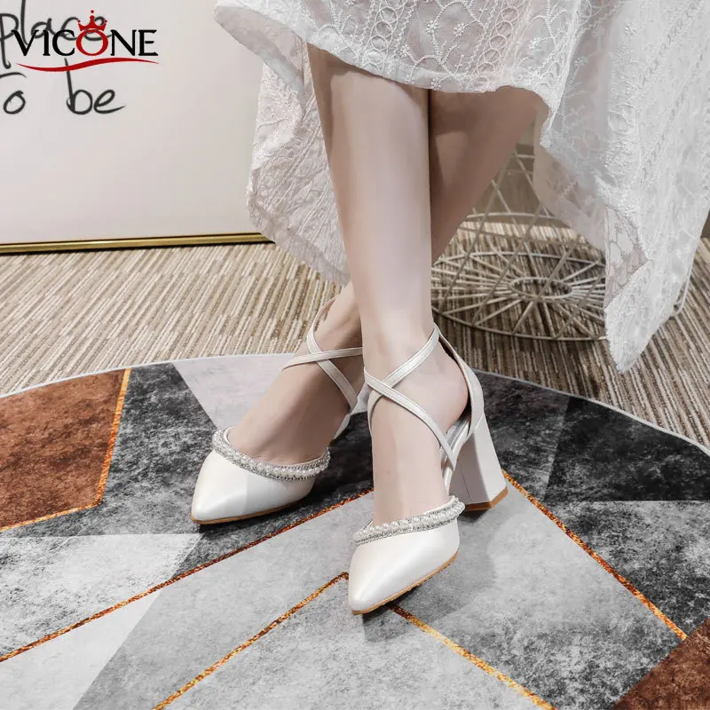 Wedding Bride Shoes Woman Heels Shoes and Sandals White High-heeled Shoes with Pointed Toes Cross-buckle Luxery Shoes Women