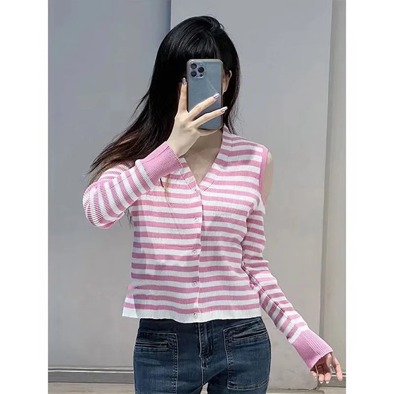 Spring Autumn French Style V-neck Off Shoulder Striped Tops Women Clothing Chic V-neck Clavicle Sweaters Casual Y2k Cardigan