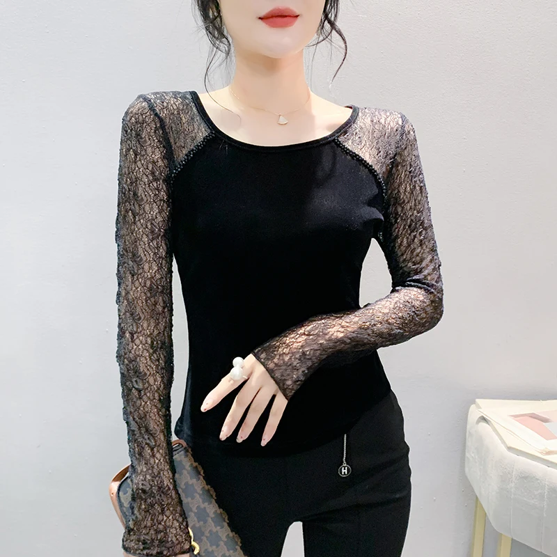 

2024 New European Clothes Fall T-Shirt Chic Sexy O-Neck Patchwork Mesh Beading Women's Tops Long Sleeve Elastic Slim Tees 49054