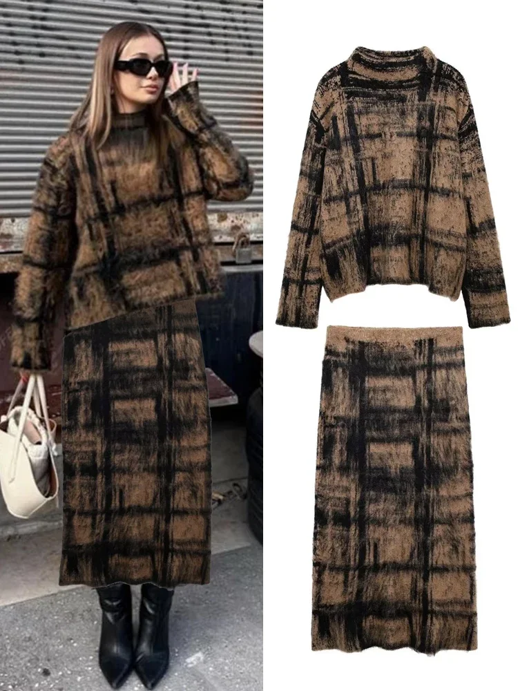 

Vintage Geometry Jacquard Mohair Knitted Long Skirt Sets Women Elegant Sweater High Waist Maxi Skirt 2 Pieces Sets Lady Outfits