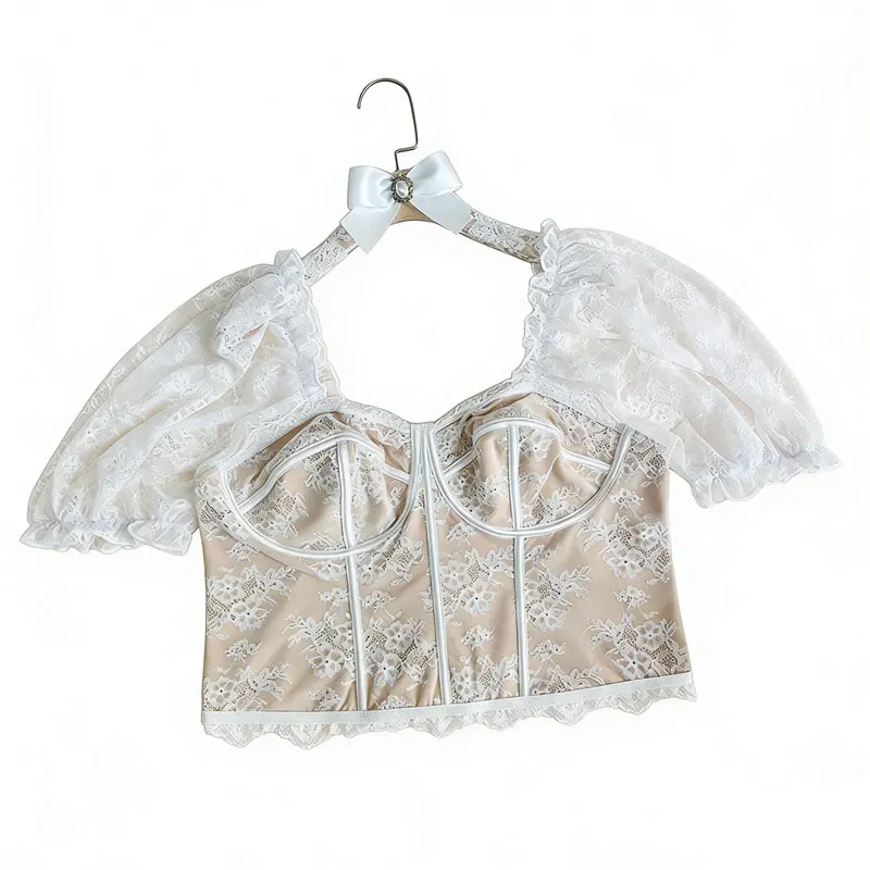 

White XL-4XL Plus-size Women's Full-bodied Sexy Lace See-through Puffed-sleeve Vest Lace Fishbone Top Romantic Lingerie Set