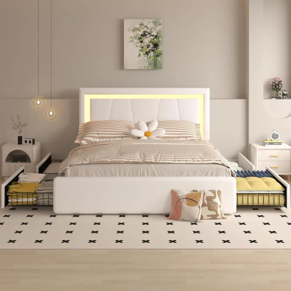 Queen Bed Frame with 4 Storage Drawers and Adjustable Headboard, Upholstered Platform LED Bed with Type-C&USB Ports, Solid Woode