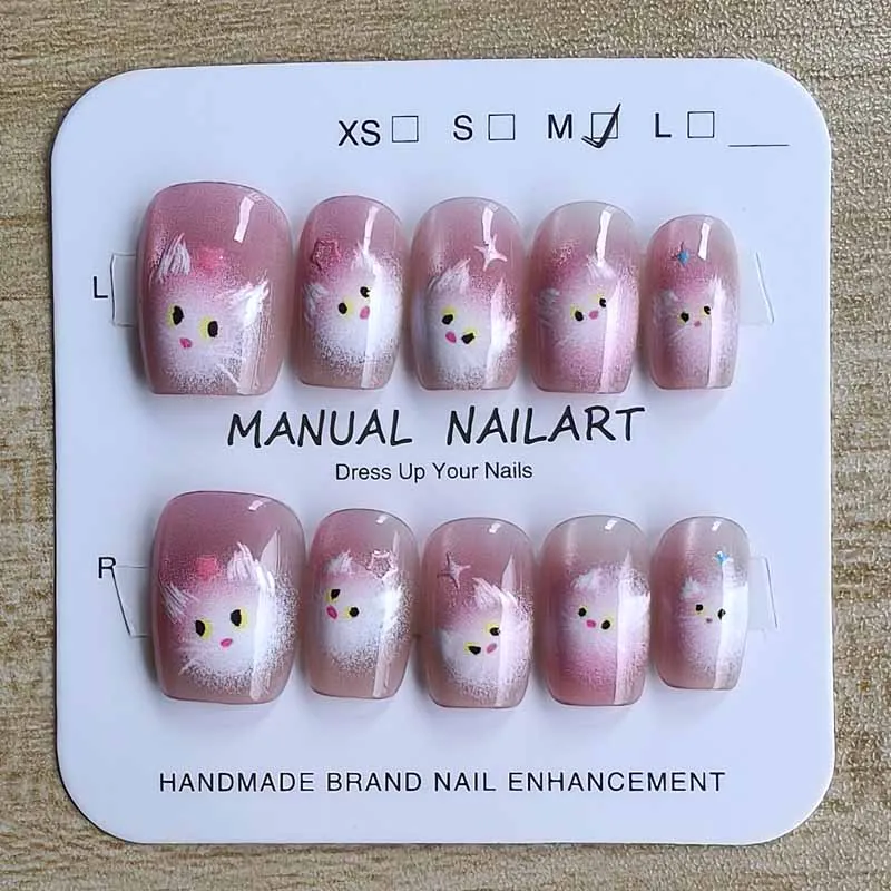 10 Stück Cartoon süße rosa Katzenblumen kleiner Bär handgemachte Presse auf Nägel handgezeichnete Linien sternförmige Herzen Katzenaugen-Nagelspitzen