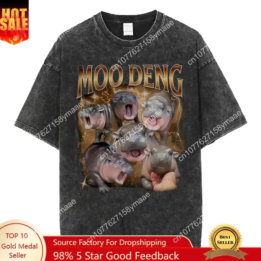 

Cute Hippo Moo Deng Rap Vintage Washed T Shirt Funny Meme T Shirts Men Women Women Fashion Hip Hop Oversized Cotton T-shirt Stre