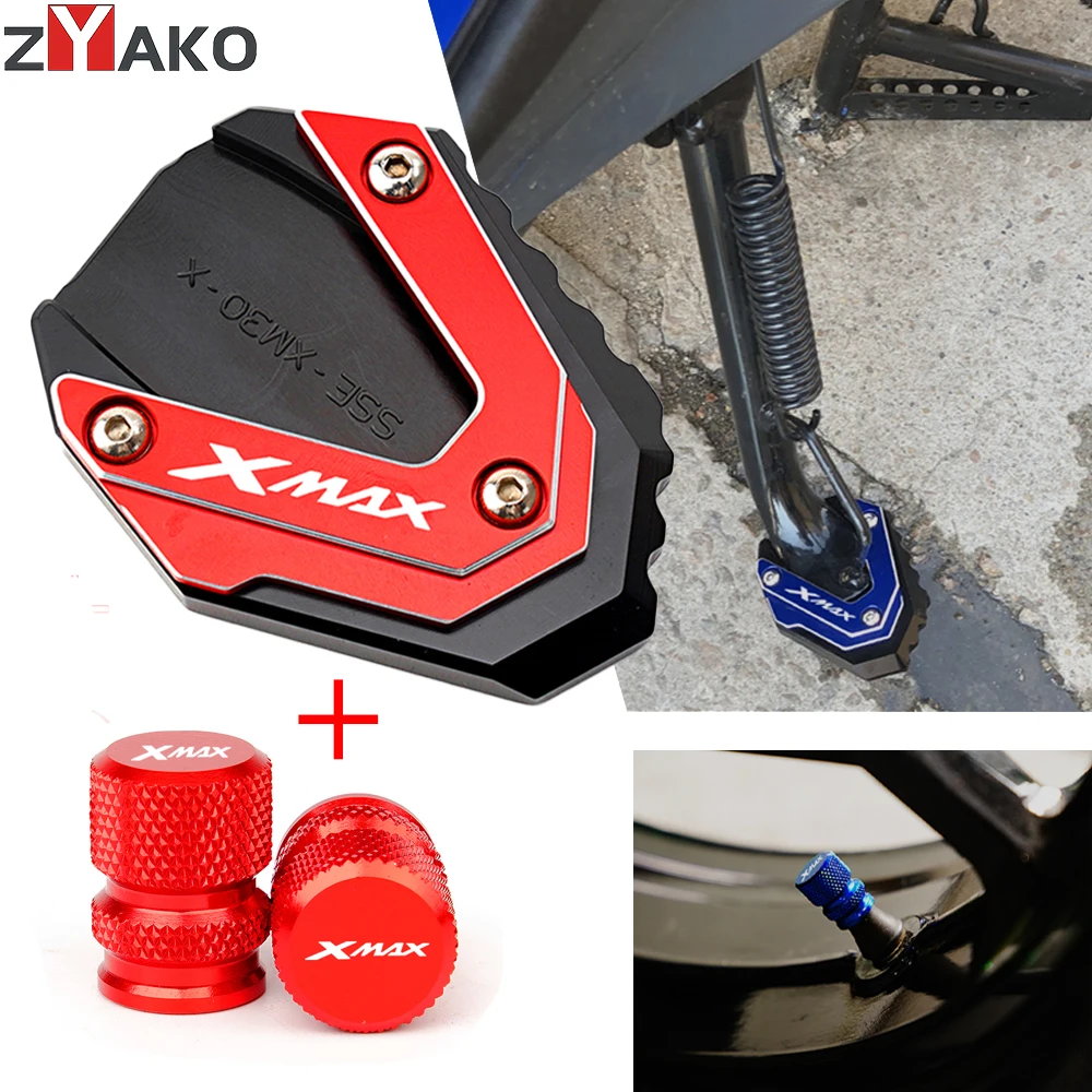 

For YAMAHA XMAX 300 2023 XMAX 125 250 400 X-MAX300 Motorcycle CNC Side Stand Enlarger Kickstand Pad and Tire Valve Caps