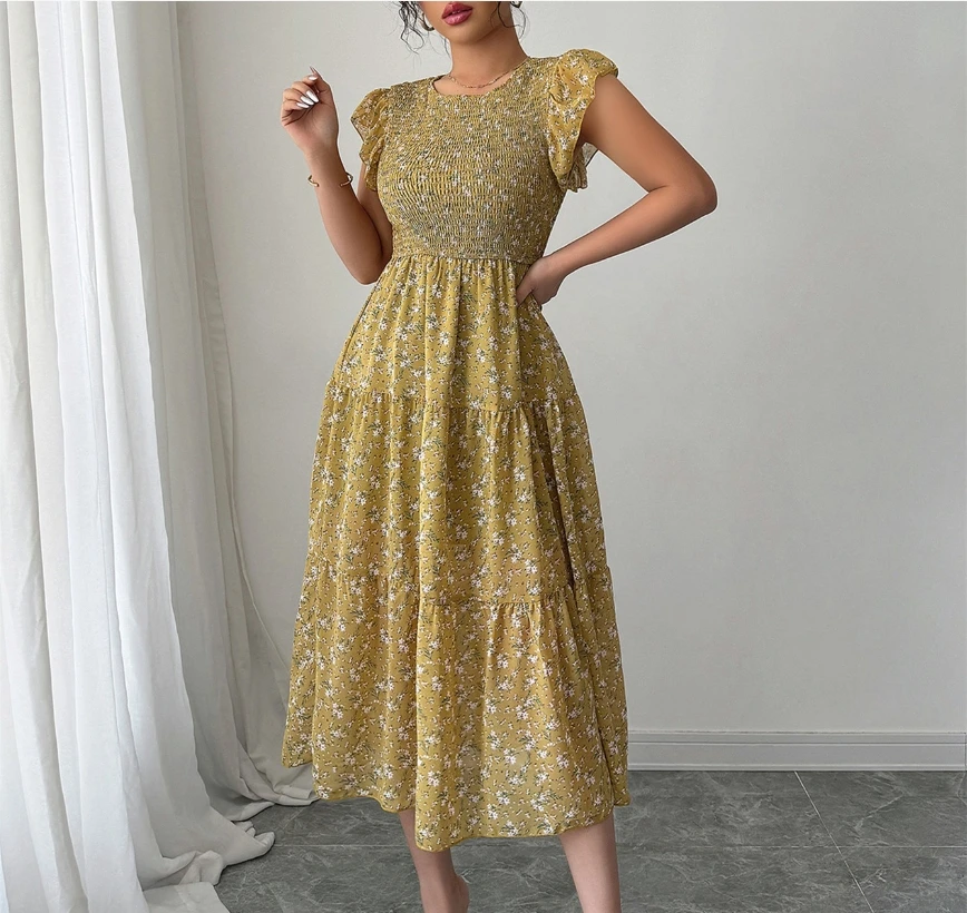 

Simple and fashionable floral slim fit dress for summer women with round neck, ruffled edges, small floral print, waist cinching