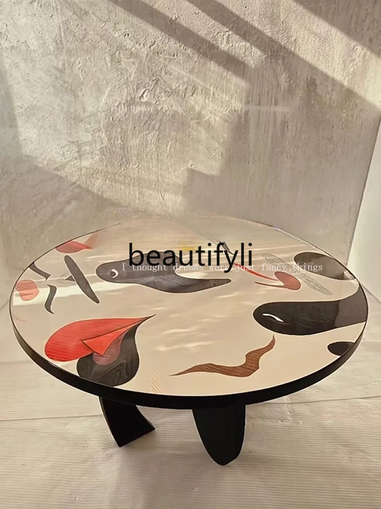 

Nordic medieval solid wood special-shaped dining chair painted round dining table household painting art dining table