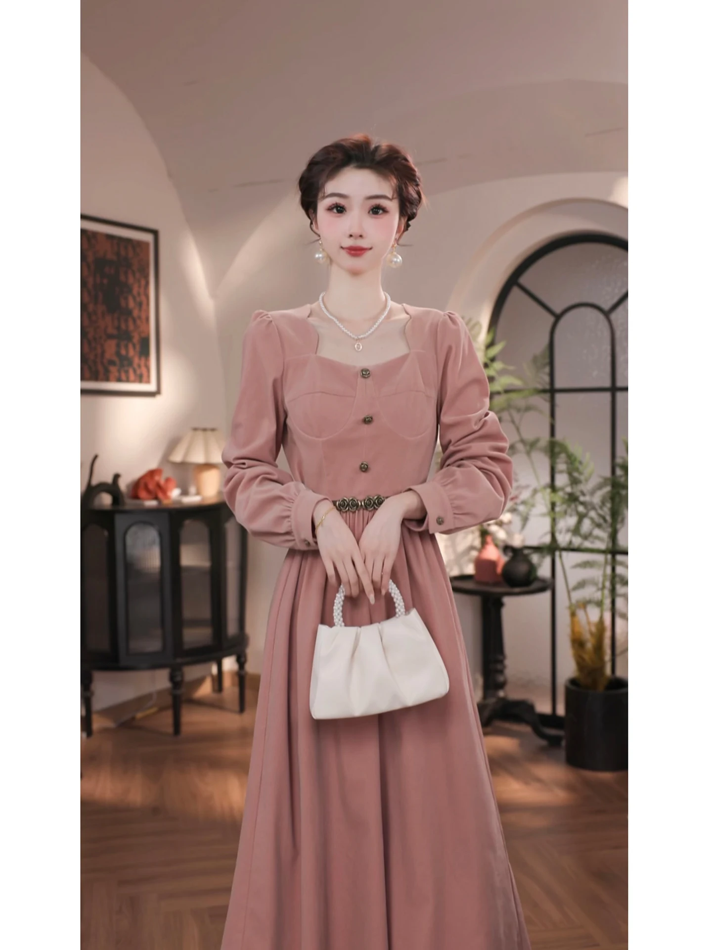 Deng Liujiu Sweet Childhood Pink Corduroy Dr Women's Autumn Winter Inner Wear Long Skirt High Waist A-Line Vintage Sle P...