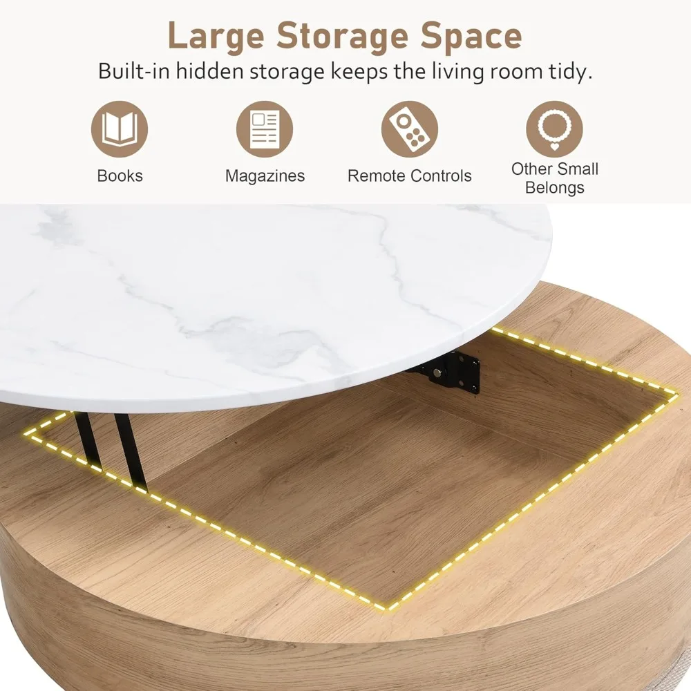 Merax Modern Round Lift-Top Coffee Table with Hidden Storage & 3 Ottoman, White + Natural
