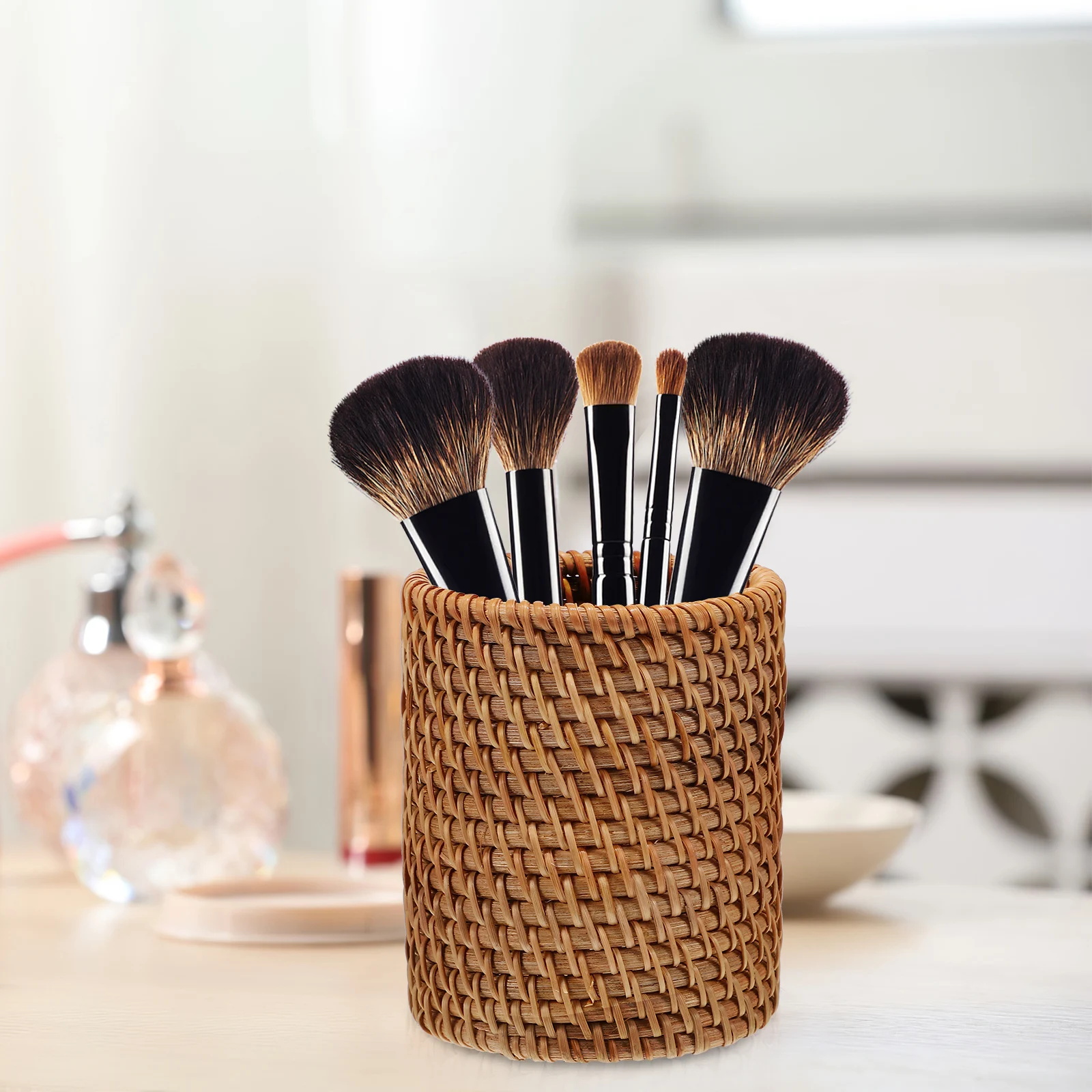 2Pcs Woven Desk Pen Holders Wooden Pencil Organizers Multi-Purpose Storage Cup for Office Classroom Pencil Holder for Desk