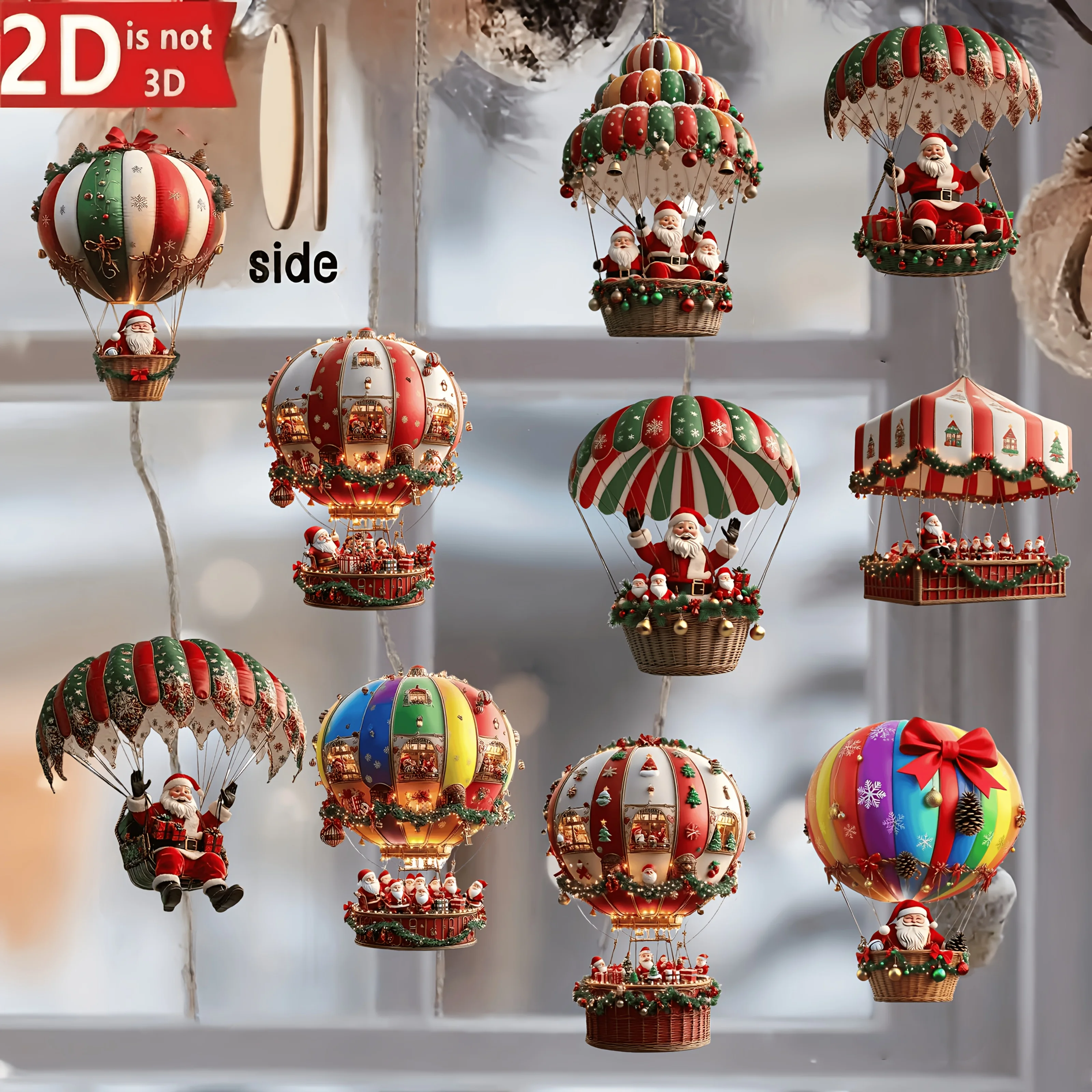 Ciondolo piatto in legno 2D Palloncino ad aria calda in legno di Natale Babbo Natale Decorazione dell'albero di Natale Decorazione regalo di festa 10 pezzi / borsa