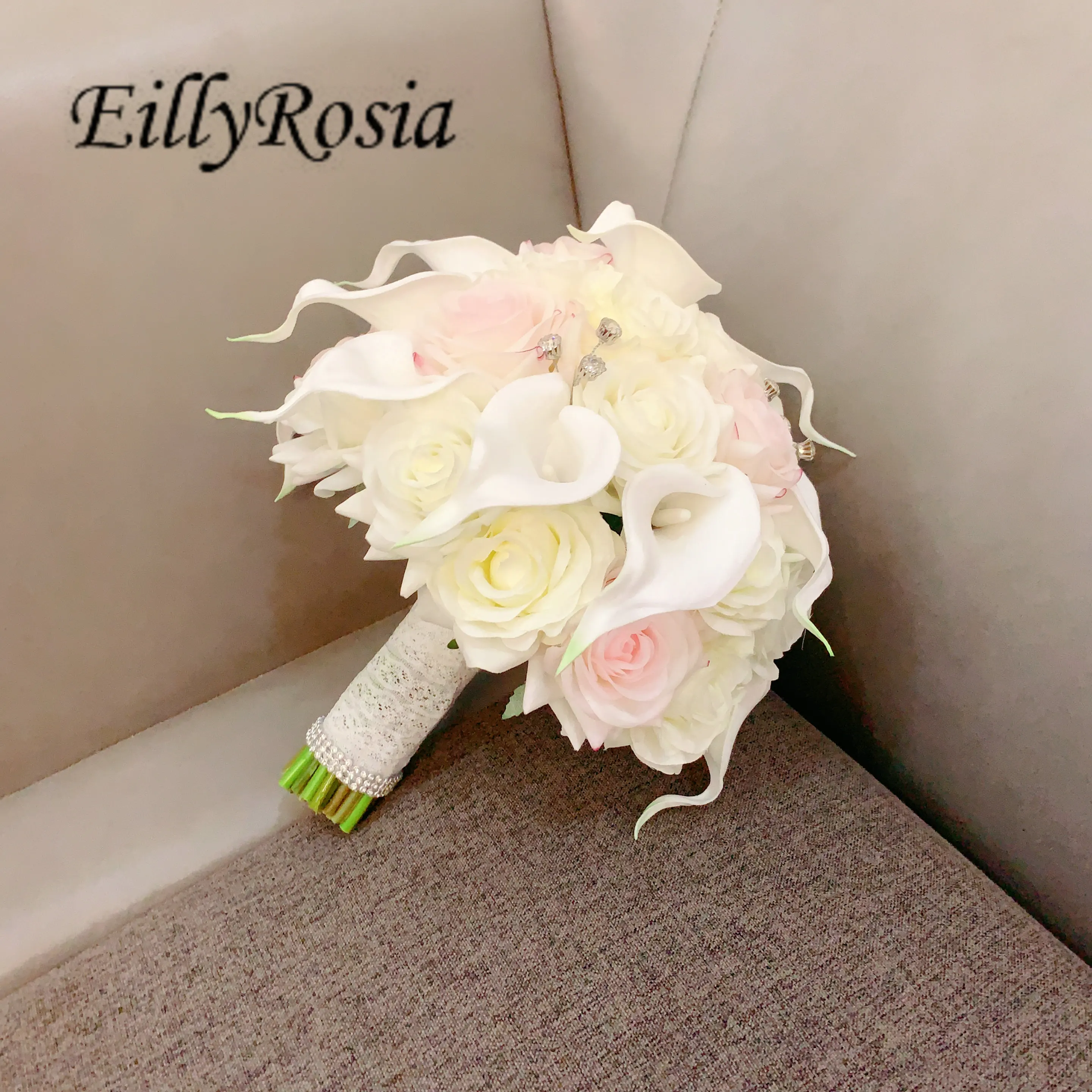 EillyRosia ramo de novia blanco y rosa flores artificiales con perlas ramo de boda de playa Ramo Damas de Honor