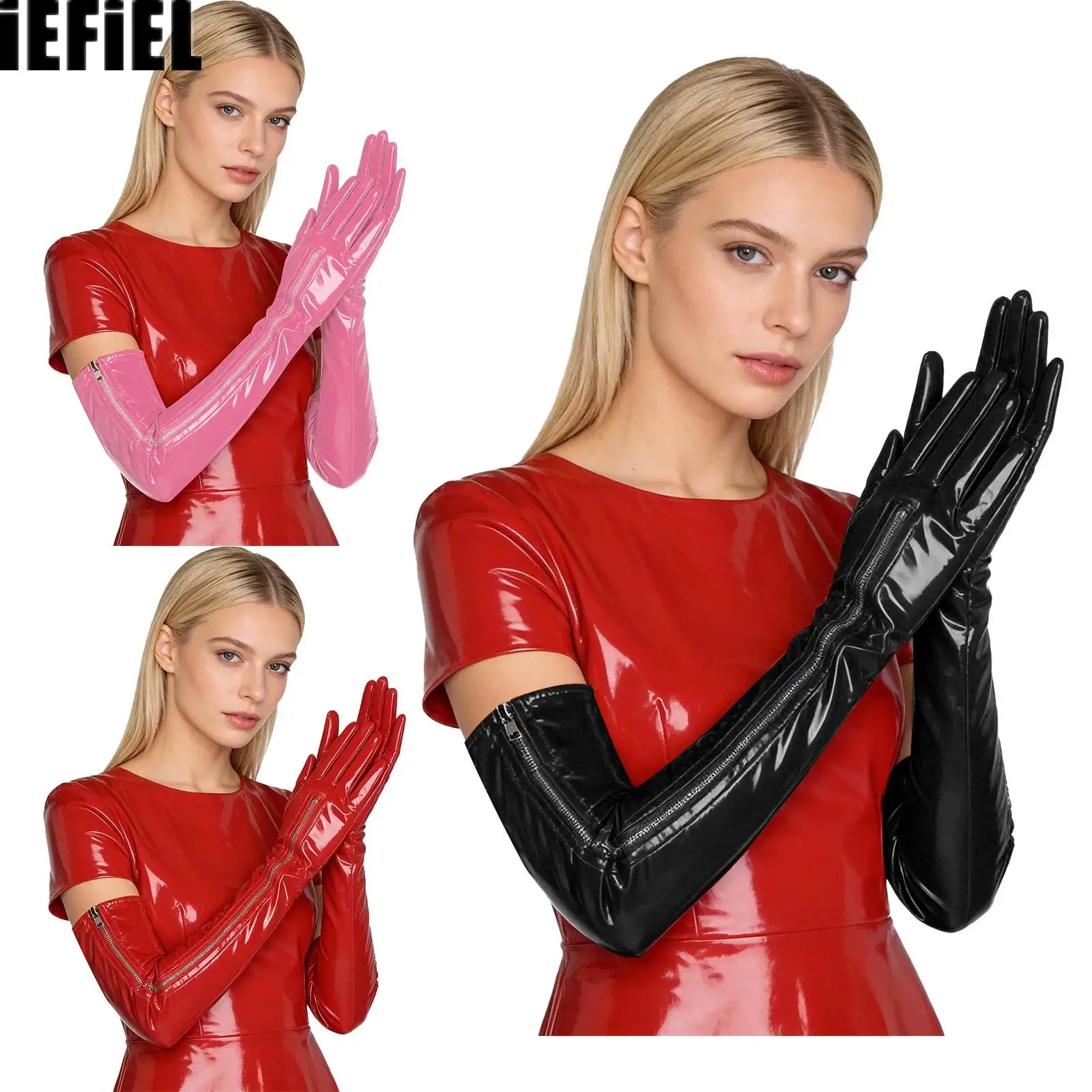 Women Faux Leather Long Gloves Full Finger Zippered Gloves Costume Accessories for Evening Party Halloween Cosplay