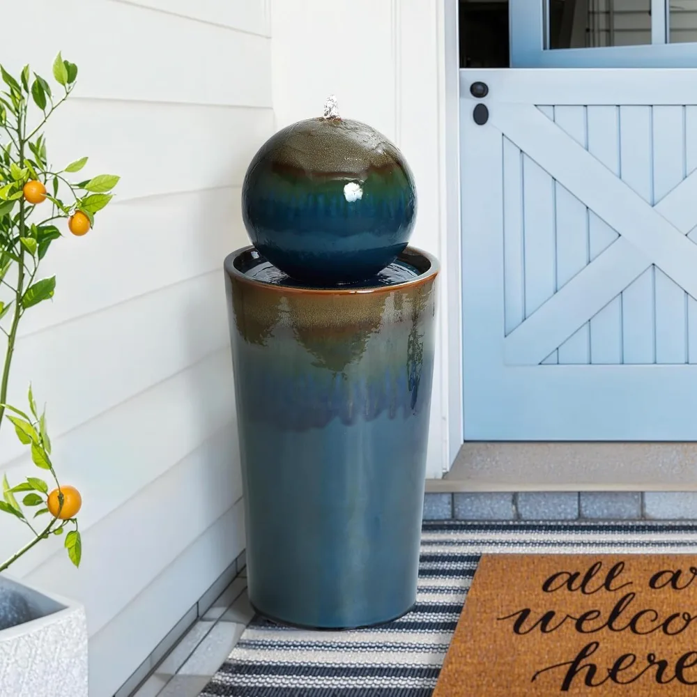 

30 Water Fountain Outdoor and Indoor, Glazed Blue Bubbling Sphere Ceramic Garden Outdoor Water Fountain