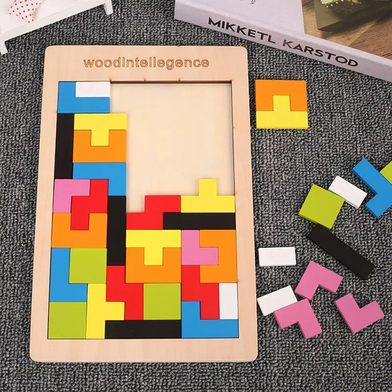 Ensemble de blocs de puzzle en bois, casse-tête, jouet Tangram, intelligence, blocs russes 3D colorés, Montessori dos, 1 ensemble