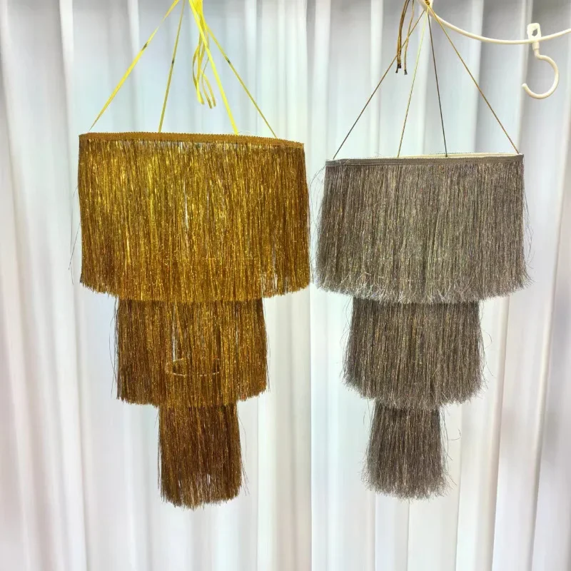 Gold Silver Iridescent 3-layer Fringed Lampshade Hanging Decorations for New Year Wedding Birthday Festival Party Hotel Supplies