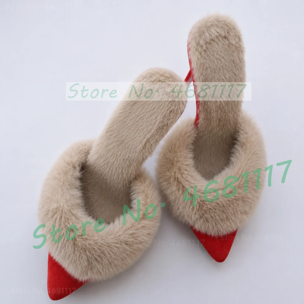 Plush Lined Soles Pointy Toe Suede Mules Women Classy Fur Wrap Soft High Heels Slippers Large Size Lovely Outdoor Thin Heel