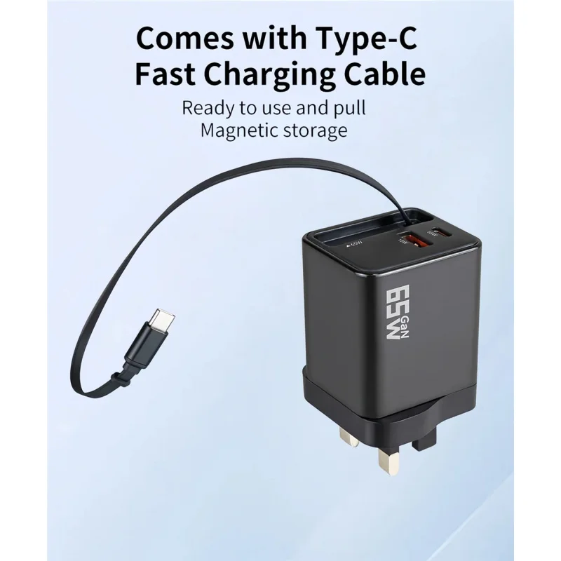 65W GaN Charger with Retractable Cable PD Fast Charging for Laptop Macbook Asus Lenovo Acer Dell Hp Xiaomi Type-C Phone Charger