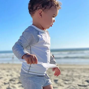 Color Block Baby Boys Swimsuit Set 5 Baby Boys Swimming Wear Spell Color Long Sleeve Swimsuit + Shorts 2pcs Suit Children Quick Drying Swimwear 5