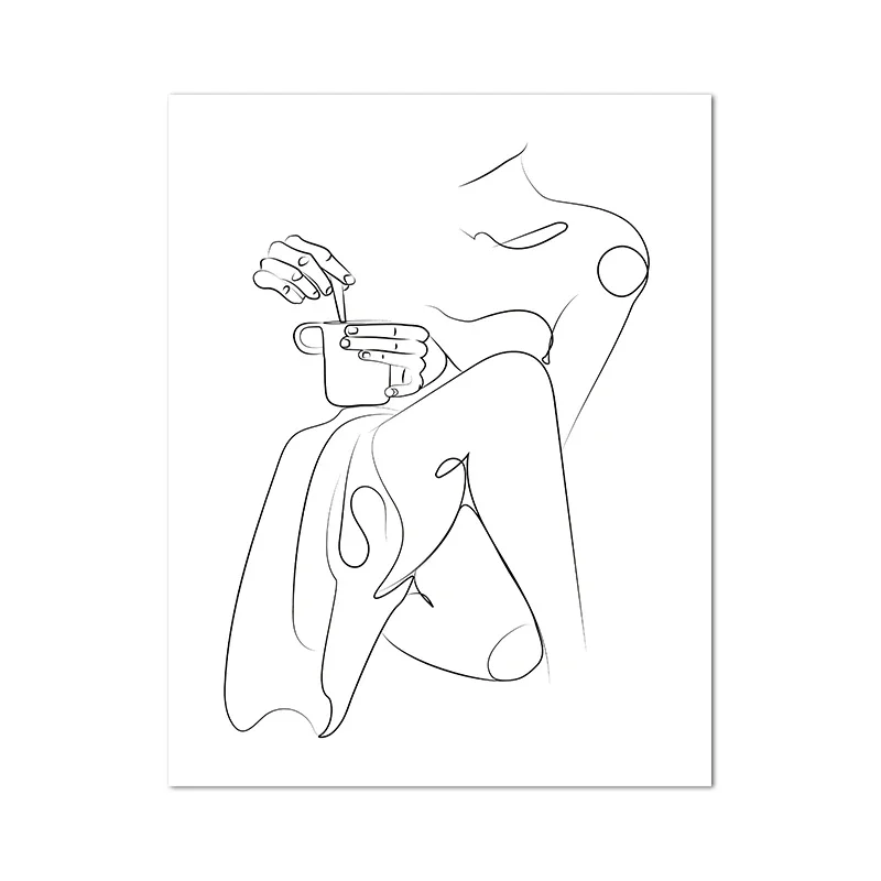 Coffee Cup Abstract Line Drawing Art Print Black White Minimalist Poster Wall Art Canvas Painting Cafe Shop Kitchen Modern De