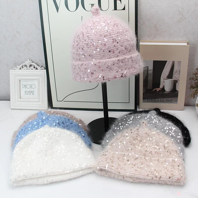 Autumn and Winter Sequined Angora Rabbit Fur Pullover Knitted Hat for Women Pacifier Cold Hat Outdoor Ear Protection Beanie Caps
