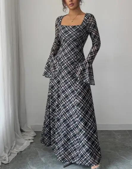 فستان نسائي لخريف وشتاء 2025 قميص منقوش أنيق ومثير بأكمام واسعة وتنورة معانقة على الورك فستان نسائي #3