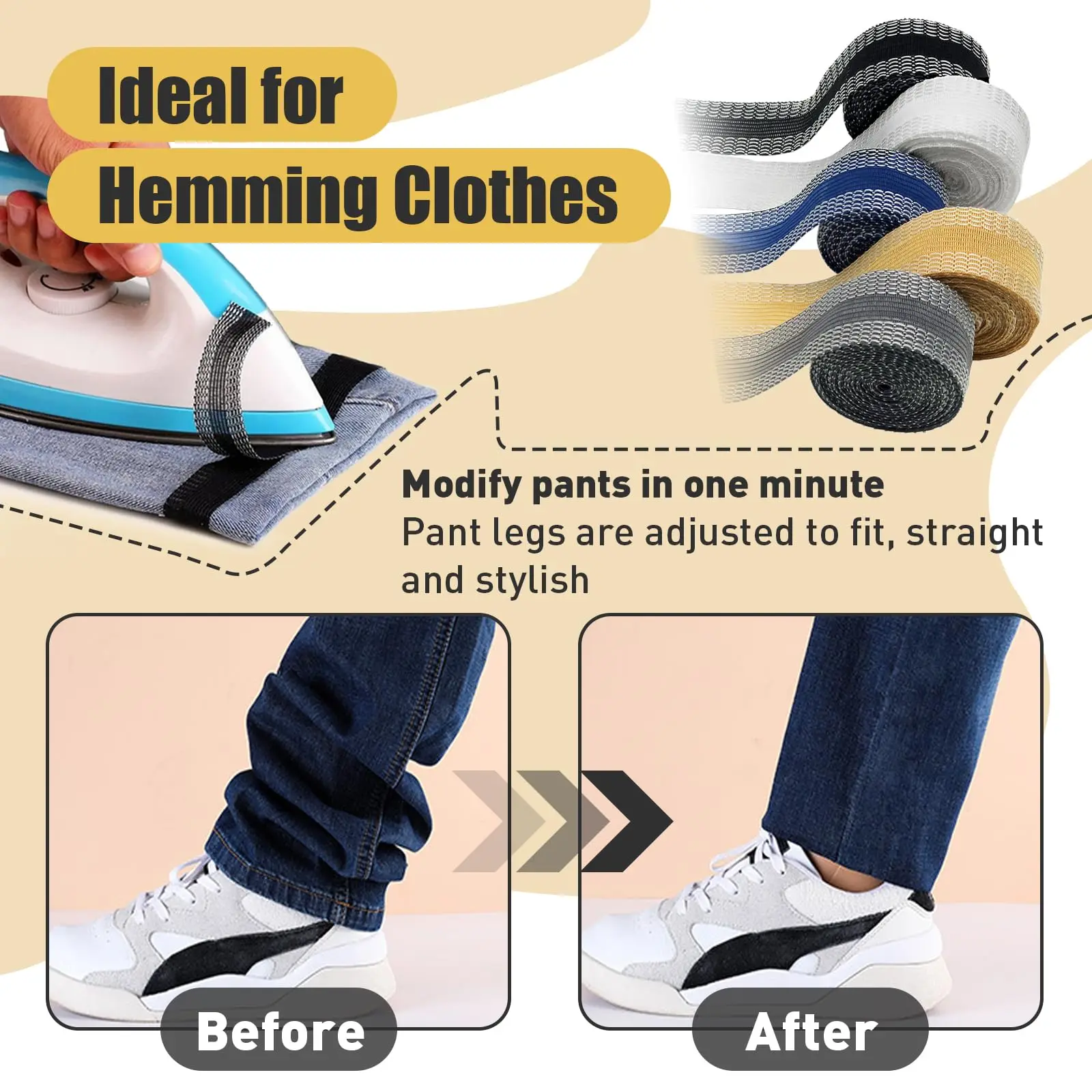パンツ用テープ、16.4フィートのズボンエッジ修正ストリップ、ジーンズスーツパンツズボン口用アイロン接着インスタントヘムテープ