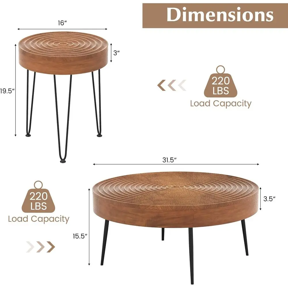 Round Coffee Table Set of 2, Sofa Side Nesting Table with Solid Pine Wood Top, Metal Legs & Adjustable Foot Pads, 31.5 D Large T