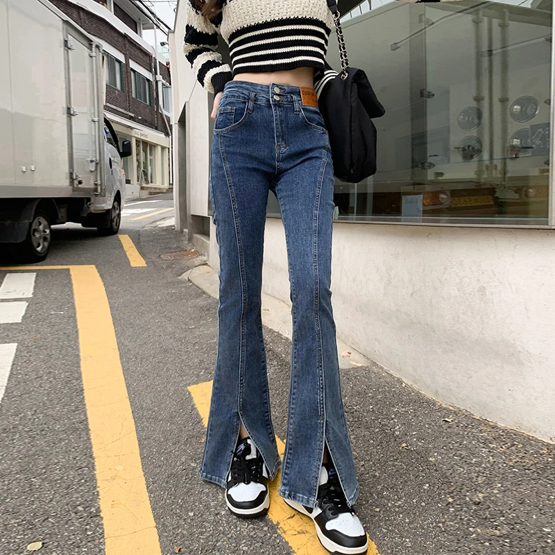 ZMAYC celana Jeans Retro wanita, celana Denim regang kasual model Korea pinggang tinggi terbelah