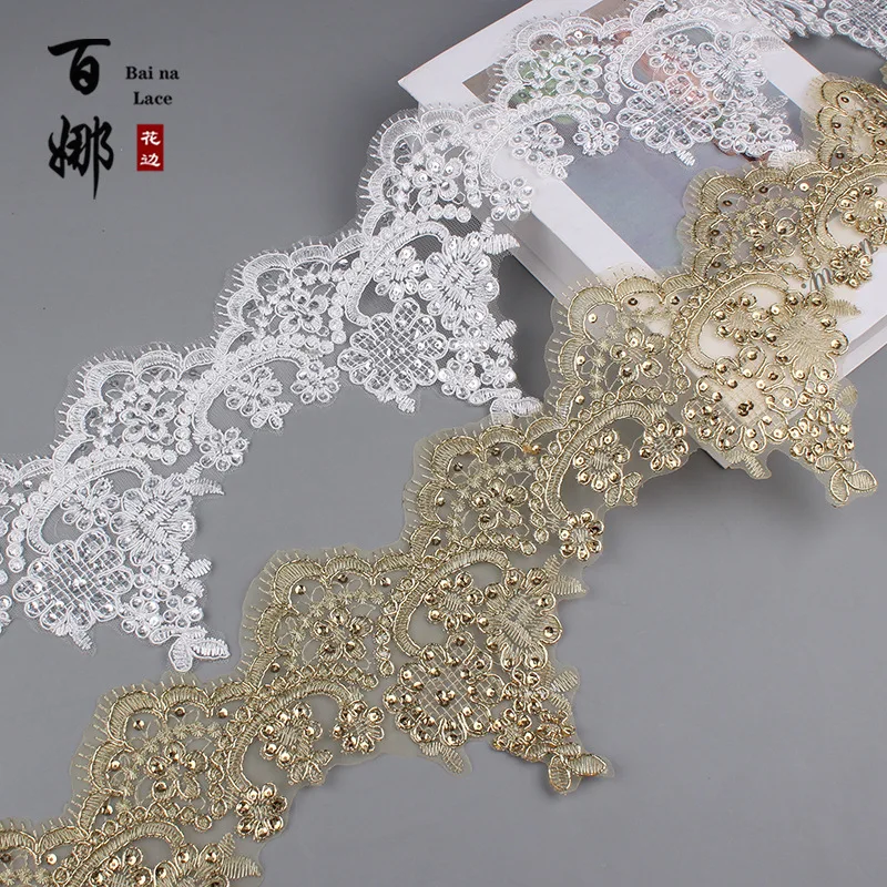 1Yard/15cm Gold/Ivory Cording Fabric Sequins Flower Venise Venice Mesh Lace Trim Applique Sewing Craft for Wedding Dec. 1Yard/