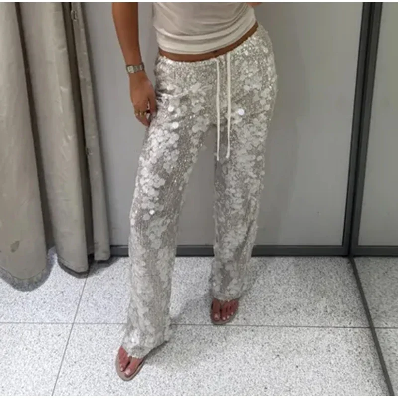 Pailletten-Zweiteiler für Damen, schulterfreies Tube-Top, mittelhohe Taille, gerade geschnittene Hose, sexy, modisches, passendes Outfit für Partys – Detail 11
