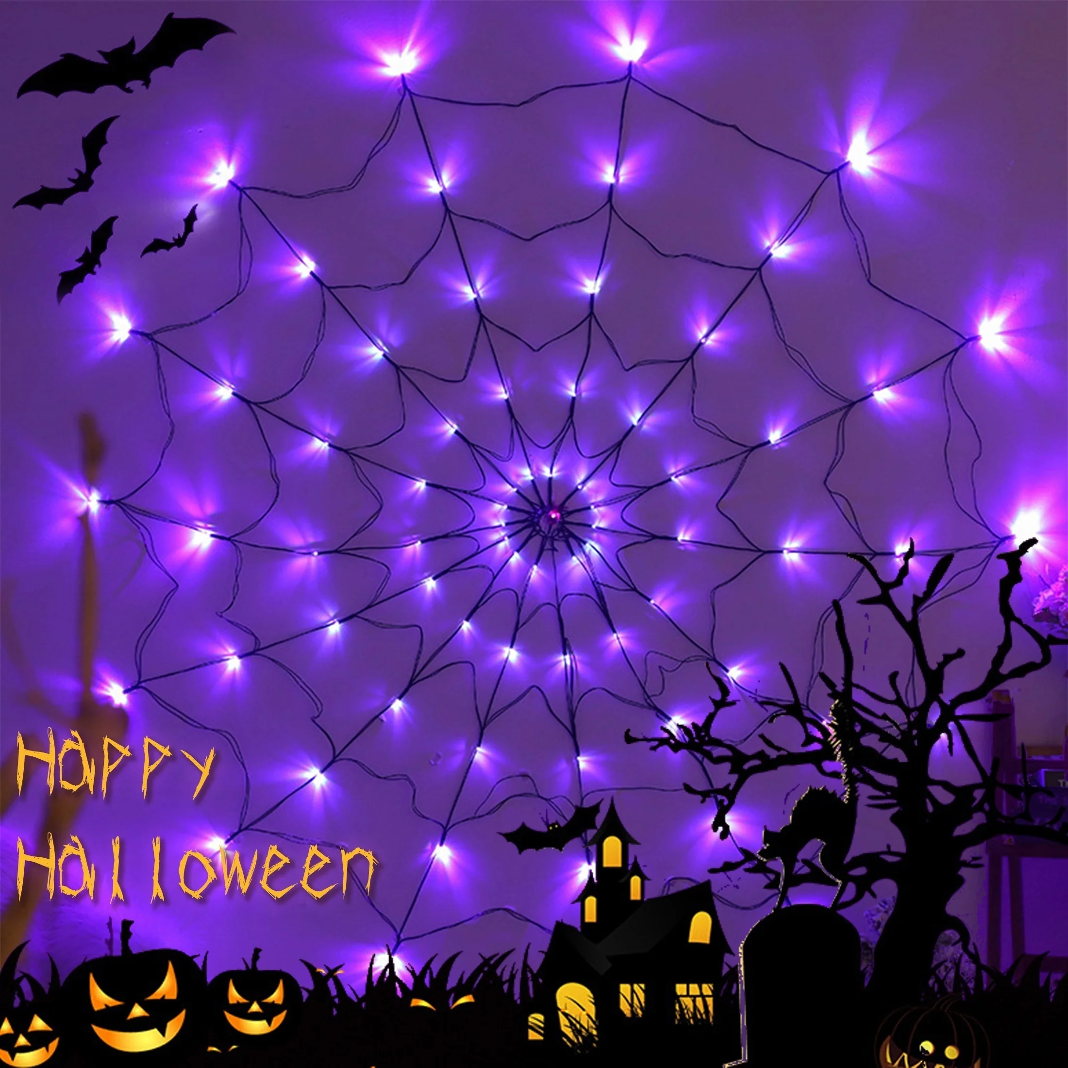70 LED Halloween DIY Lights Spider Web Lamp Battery Powered String Lights 8 Modes Purple Orange Haunted House Decor Party Room